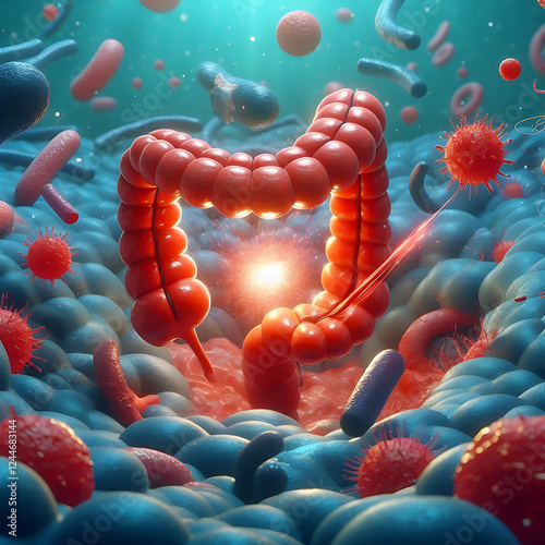 Colon cancer. Cancer attacking cell. Colon disease concept. 3d illustration
 photo