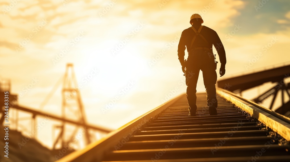 Worker in safety gear climbing railway tracks at sunset with industrial background Worker in safety gear climbing railway tracks at sunset with industrial background