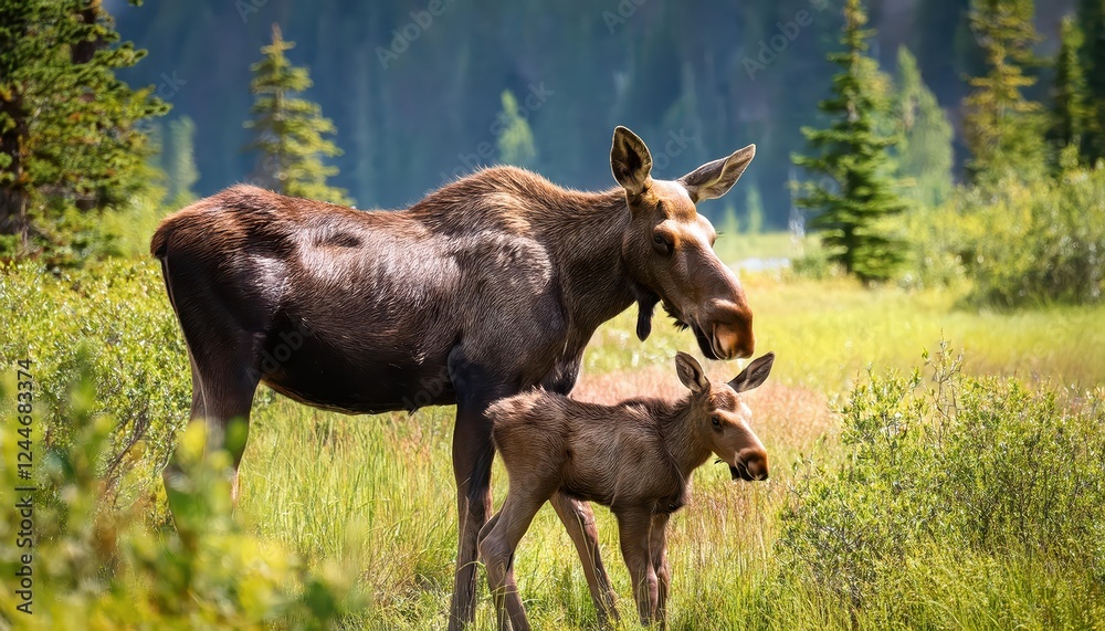Enchanting Moment of a Mama Moose and Her Calves Grazing Peacefully Amongst the Majestic Snowy Landscape of Glacier National Park, Montana Enchanting Moment of a Mama Moose and Her Calves Grazing Peacefully Amongst the Majestic Snowy Landscape of Glacier National Park, Montana