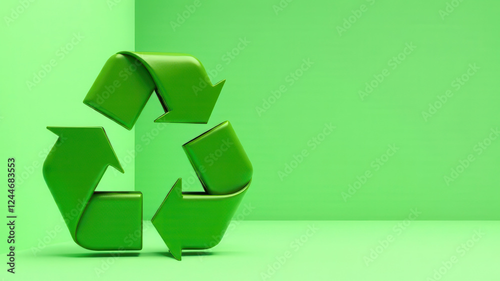 A bold green recycling symbol sits prominently against a lively green wall. A bold green recycling symbol sits prominently against a lively green wall.