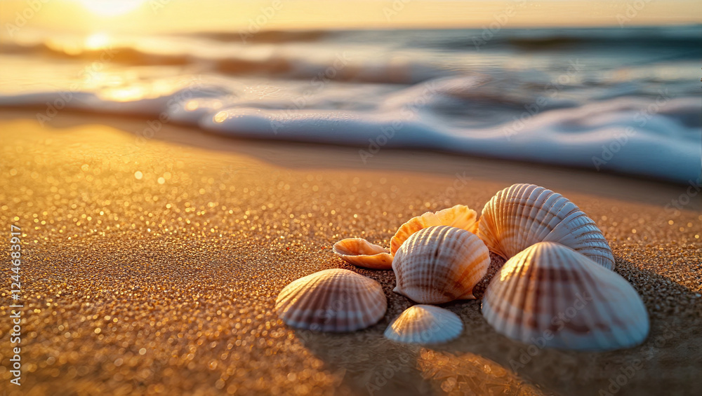 Close-up of Seashells on a Beautiful, Empty , Sandy Beach. Ocean Waves Breaking on Coastal Coastline under Clear Blue Sky. Travel/ Nature Background with Copy Space Close-up of Seashells on a Beautiful, Empty , Sandy Beach. Ocean Waves Breaking on Coastal Coastline under Clear Blue Sky. Travel/ Nature Background with Copy Space