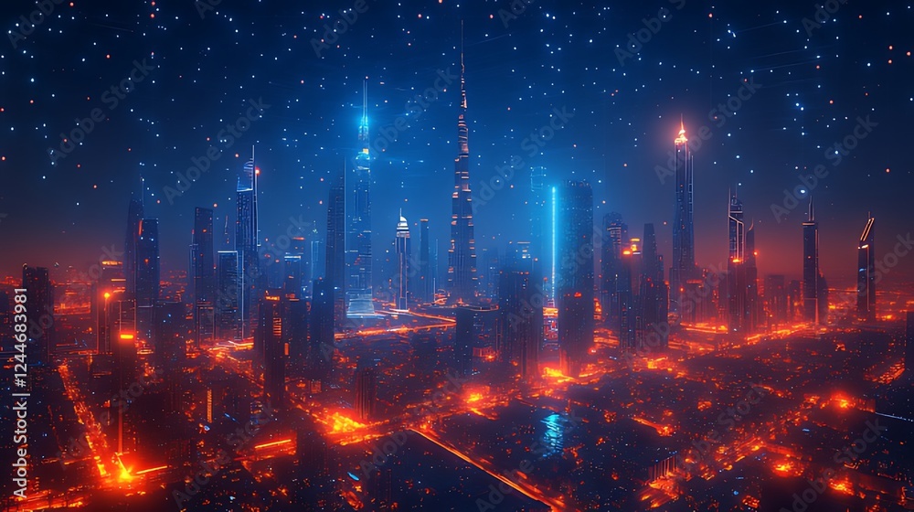 Obraz premium Futuristic Cityscape Night Lightscape, Aerial View, Sparkling Sky, Advertising