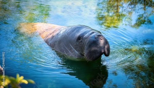 Majestic Manatee Gently Swimming in the Clear Waters of the Crystal River as the Sun Rises, Capturing a Peaceful and Serene Scene Reminiscent of a Tropical Paradise. photo