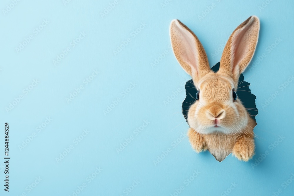 Obraz premium Rabbit is peeking out from a hole in a wall