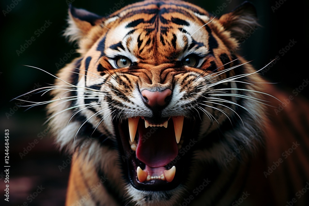 Obraz premium A powerful tiger displays its might with a fierce roar, showcasing striking orange and black stripes. The intense gaze peers through the dense jungle, capturing the essence of wild beauty at dusk.