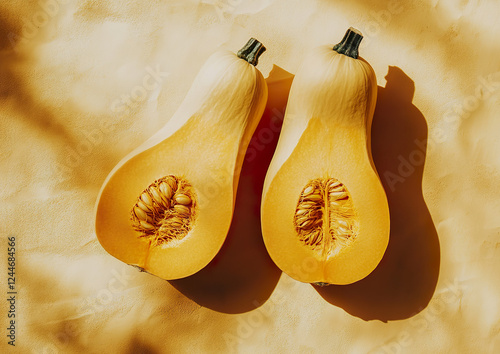 Butternut squash with smooth beige skin displayed on a dark background, showcasing its organic shape and texture, studio photography, high-quality image. photo