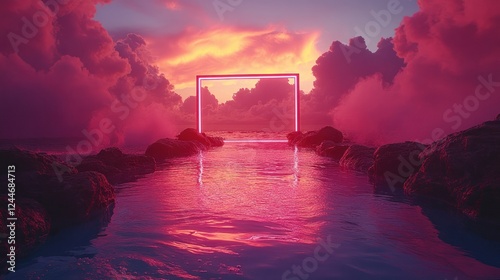 Neon portal sunset ocean rockscape fantasy photo