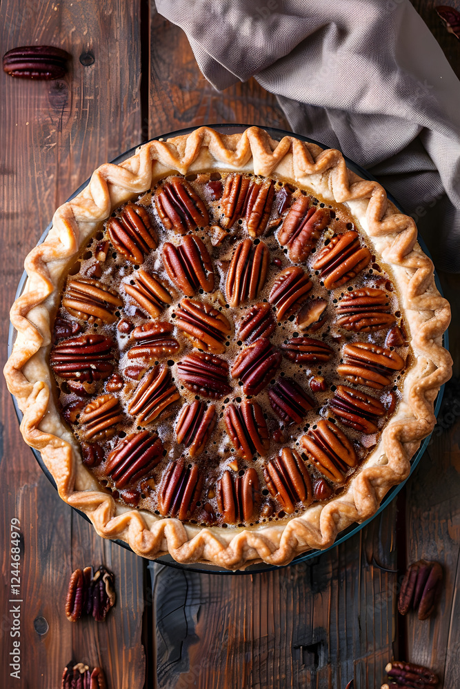 Southern-Style Glossy Pecan Pie on a Rustic Wooden Surface Southern-Style Glossy Pecan Pie on a Rustic Wooden Surface