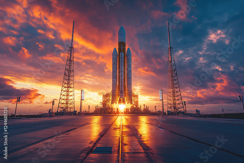A majestic rocket stands poised for launch against a vibrant sunset sky, symbolizing humanity's boundless exploration.
