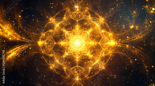 A celestial backdrop featuring an array of luminous golden sacred geometry forms, representing balance, harmony, connection, spirituality, and the cosmos. Esoteric Geometry. Illustration