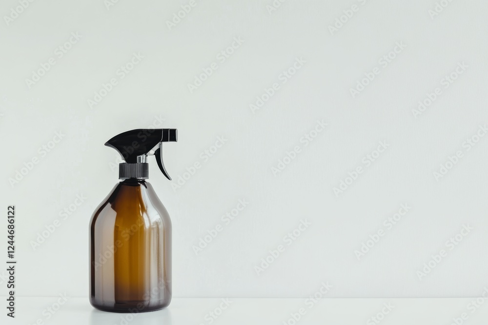 Brown spray bottle sits on a white countertop