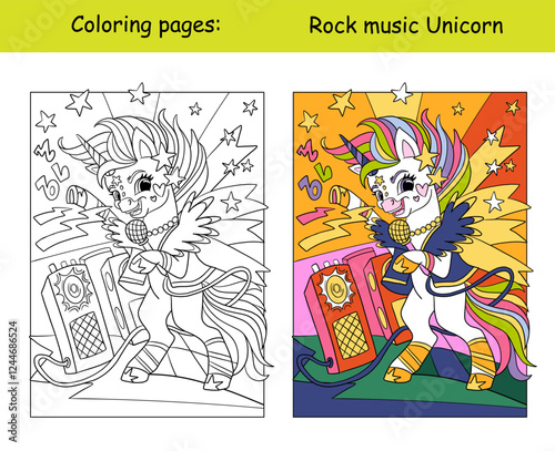 Cute rock music unicorn kids coloring with color template