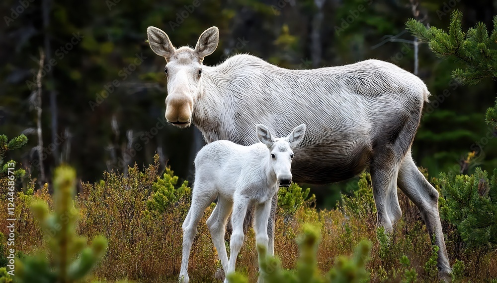 Adorable Moment of a Moose and Her Baby in a Winter Wonderland A Glimpse of the Arctic Wilderness at Sunset, Showcasing Peaceful Tranquility and Natural Beauty. Adorable Moment of a Moose and Her Baby in a Winter Wonderland A Glimpse of the Arctic Wilderness at Sunset, Showcasing Peaceful Tranquility and Natural Beauty.