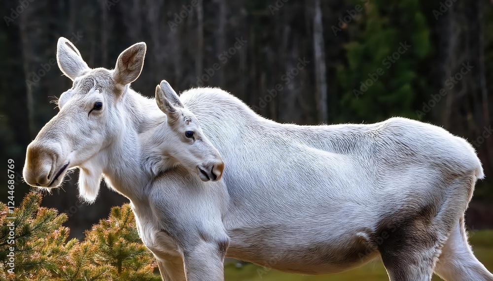Peaceful Bond Between a Motherly Moose and Her Calf Amidst the Enchanting Snowy Forest, Captured during a Winters Twilight. Peaceful Bond Between a Motherly Moose and Her Calf Amidst the Enchanting Snowy Forest, Captured during a Winters Twilight.