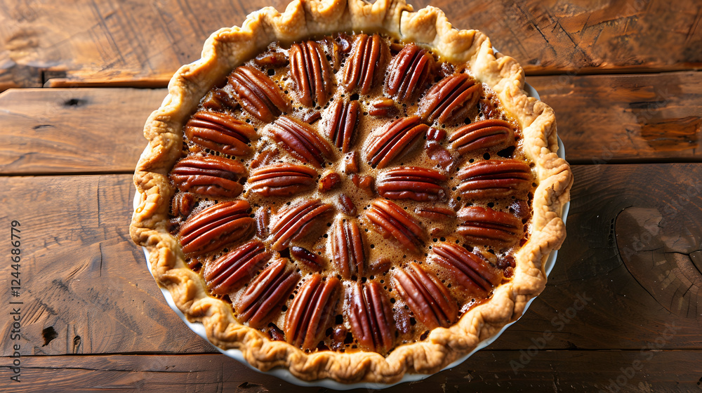 Southern-Style Glossy Pecan Pie on a Rustic Wooden Surface Southern-Style Glossy Pecan Pie on a Rustic Wooden Surface