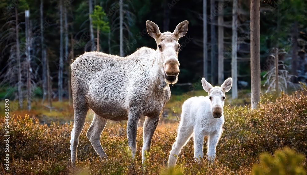 Adorable Mother Moose and Baby Amble through the Snowy Forest at Twilight, Capturing the Peaceful Serenity of Winters Grip in Canadas Wilderness Adorable Mother Moose and Baby Amble through the Snowy Forest at Twilight, Capturing the Peaceful Serenity of Winters Grip in Canadas Wilderness