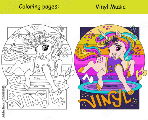 Cute unicorn playing saxophone kids coloring with color template