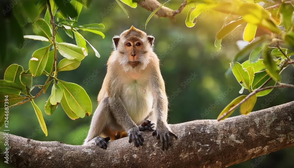 Naklejka premium A Playful Monkey Perched on Pithecellobium Dulce Trees Amidst a Lush Forest Park at Golden Hour
