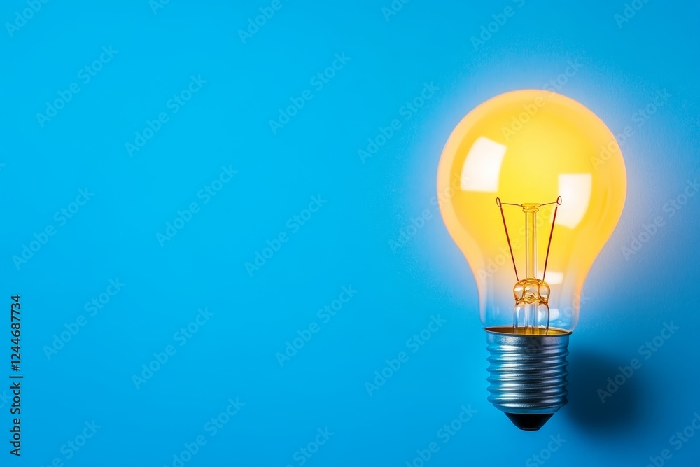 Light bulb is lit up on a blue background Light bulb is lit up on a blue background