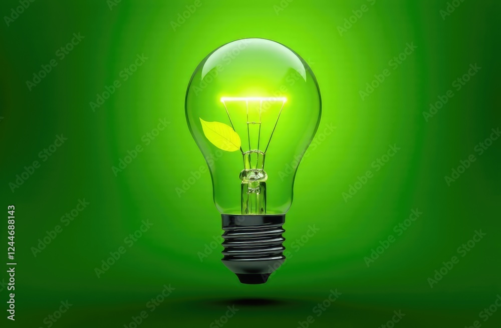Green Energy Concepts. Wireless Light Bulb surrounded by Green Leaf as Sign of Light On. Carbon Neutral and Emission ,ESG for Clean Energy. Sustainable Resources, Renewable and Environmental Care Gree