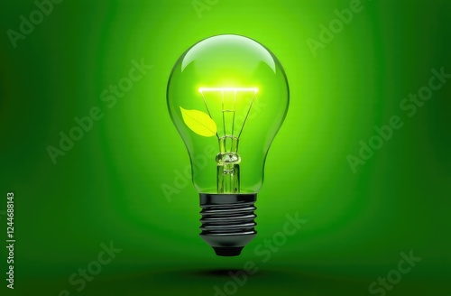 Green Energy Concepts. Wireless Light Bulb surrounded by Green Leaf as Sign of Light On. Carbon Neutral and Emission ,ESG for Clean Energy. Sustainable Resources, Renewable and Environmental Care Gree