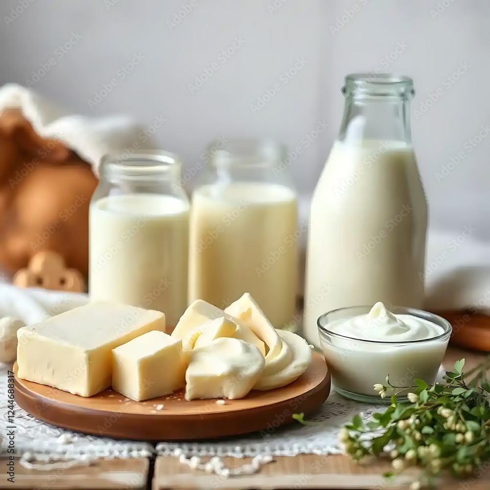 Dairy Products Arranged On Wooden Board With Milk Bottles Dairy Products Arranged On Wooden Board With Milk Bottles