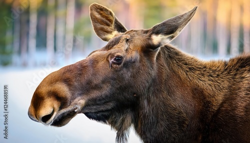 Striking Closeup of a Majestic Moose and Elk Alces alces in Wintery Forest Backdrop, Capturing the Power and Grace of North American Wildlife photo