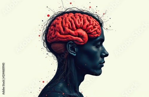 Mental Health Disorder Concept. Weak, Stressed Down Person. Negative Feeling. Depressed Emotional inside a Brain and Mind. Human Head and Brain made by Messy Wire. Top View with Copy Space