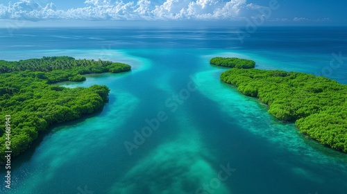 Aerial view Tropical islands, turquoise water, mangrove forests, sunny sky, travel
