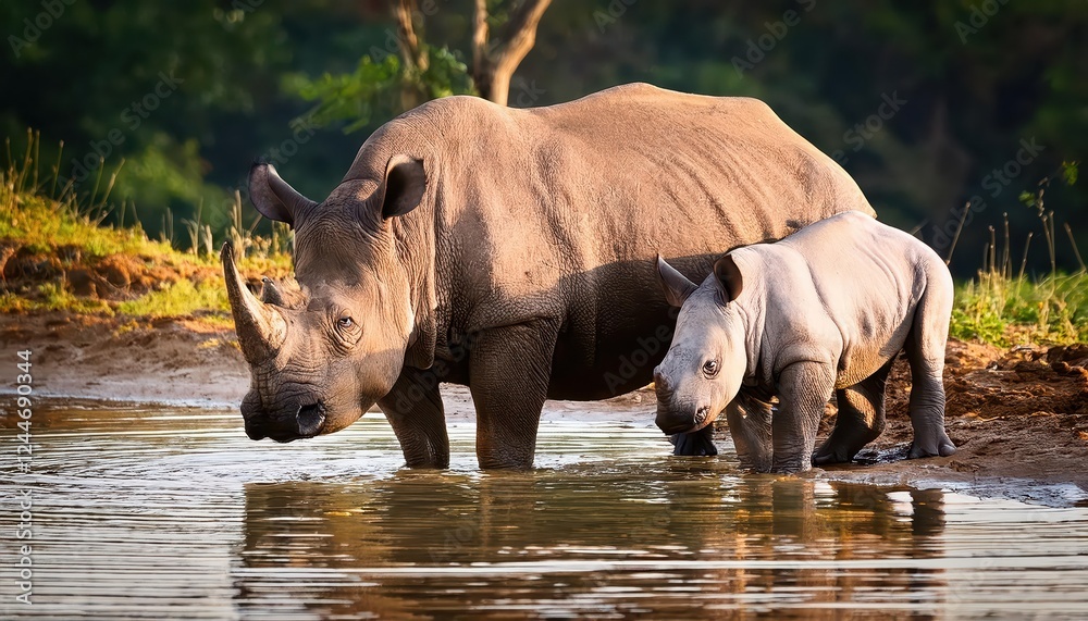 Tender Moment Mother and Baby Rhino Prepare for Drink in the Serengeti Savannah at Dusk Warmth, Emotion, and Connection Tender Moment Mother and Baby Rhino Prepare for Drink in the Serengeti Savannah at Dusk Warmth, Emotion, and Connection