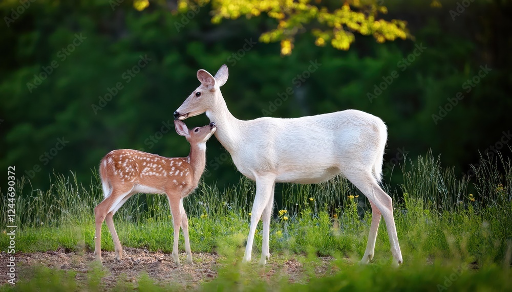 Tender Moment A Mother Whitetail Deer Gently Guides Her Fawn Through the Dappled Woodland, Embracing the Tranquil Winter Landscape with Soft Light and Cozy Autumn Hues. Tender Moment A Mother Whitetail Deer Gently Guides Her Fawn Through the Dappled Woodland, Embracing the Tranquil Winter Landscape with Soft Light and Cozy Autumn Hues.