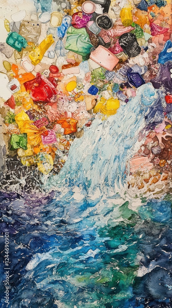 Naklejka premium Dreamy watercolor of plastic-infused raindrops falling over a polluted river, vibrant colors revealing unseen contamination, nature vs human waste.