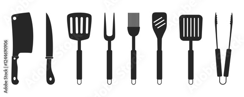 Vector set of BBQ and grill icons. Barbecue utensils: spatula, fork, tongs, and knife. Vector illustration.