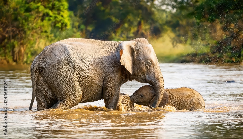 Playful Moment Mother Elephant and Baby Enjoying a Muddy River Spree on January, at A Wildlife Photography Masterpiece Showcasing the Joyous Bond between Elephants in their Natural Habitat. Playful Moment Mother Elephant and Baby Enjoying a Muddy River Spree on January, at A Wildlife Photography Masterpiece Showcasing the Joyous Bond between Elephants in their Natural Habitat.
