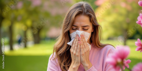 Woman with allergies uses tissue in front of blossoming spring trees. The concept is of allergies, hay fever, spring, and health issues. Suitable for health, medical, and seasonal content.