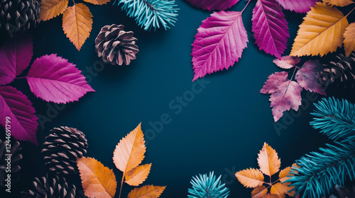 Wallpaper Mural Vibrant autumn leaves and pine cones arranged on a dark blue background. Torontodigital.ca
