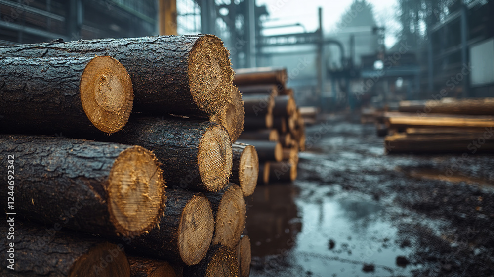Neatly stacked logs at a timber yard await processing under a moody, overcast sky. Neatly stacked logs at a timber yard await processing under a moody, overcast sky.