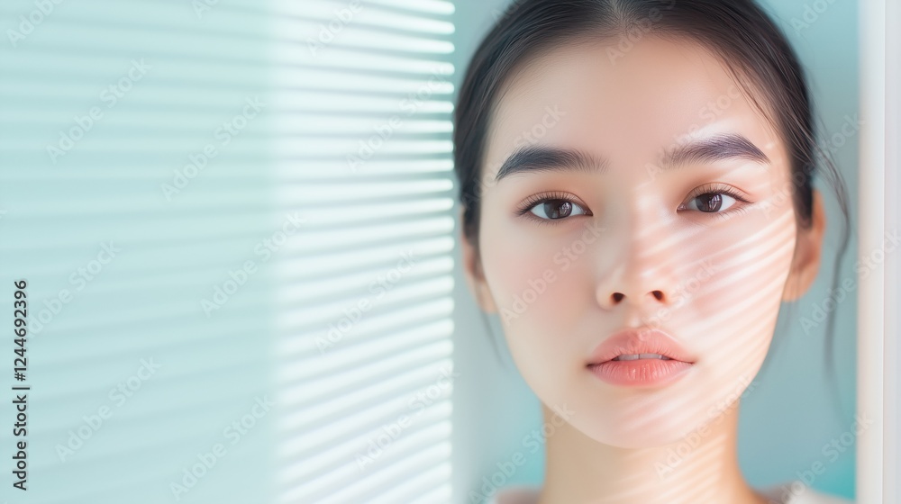 Serene Gaze Through Venetian Blinds: A young woman with flawless skin and dark hair stares directly at the camera, her face partially shaded by the soft light filtering through Venetian blinds. Serene Gaze Through Venetian Blinds: A young woman with flawless skin and dark hair stares directly at the camera, her face partially shaded by the soft light filtering through Venetian blinds.