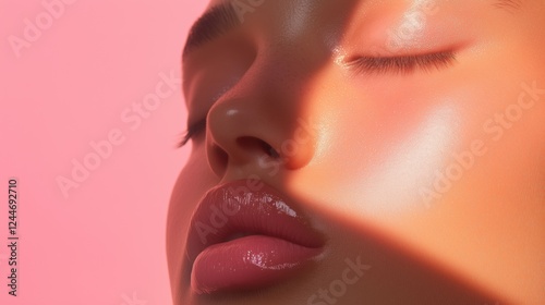 Sun-Kissed Serenity: Close-up of a woman's face, eyes gently closed, bathed in warm, golden sunlight.  The image emphasizes healthy, glowing skin and full lips, evoking a sense of peace and beauty.  photo