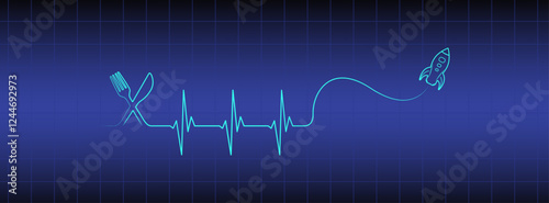 Blue medical banner, editable heart rhythm vector with fork, knife, rocket spaceship. Heartbeat line art design to use for healthcare, weight loss, healthy lifestyle, healthy food, dieting projects. 