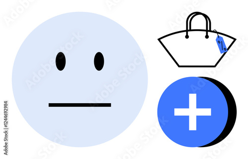 Face with neutral expression, shopping bag with a price tag, and add button. Ideal for e-commerce, customer feedback, shopping experience, emotions, reactions, digital interfaces online retail