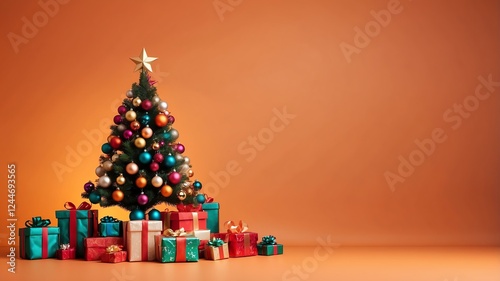 christmas tree made of gifts on soft orange background