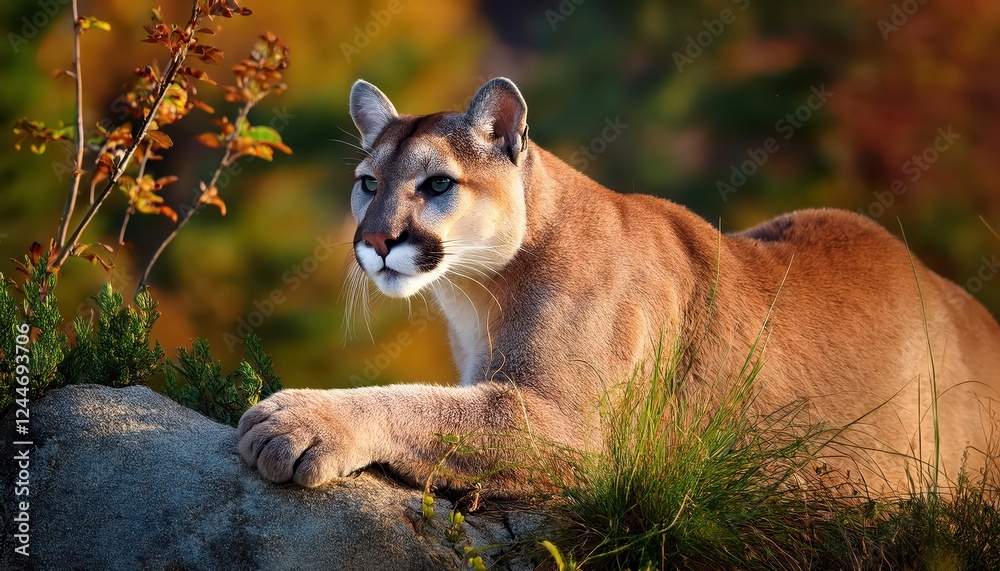 Fototapeta premium Majestic Mountain Lion Encountered in the Serene Wilderness, Captured by a cuttingedge AI Camera amidst the Frosty Winter Forest, Showcasing the Awe and Mystery of Natures Untamed Beauty.