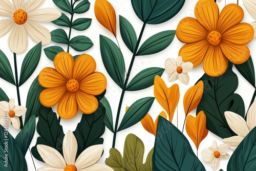 Colorful drawing of flowers with green leaves and orange petals