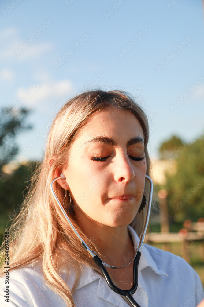 Woman Doctor Carefully Using stethoscope Woman Doctor Carefully Using stethoscope