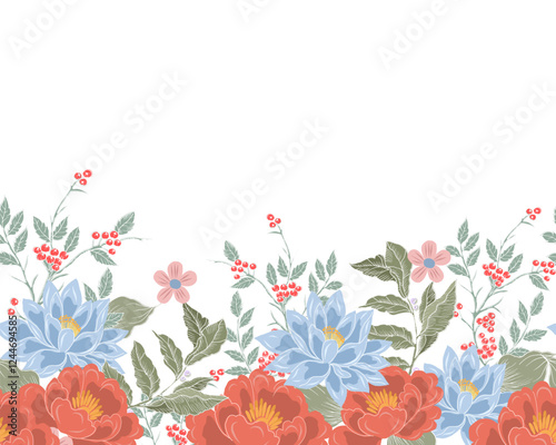 Hand Drawn Lotus Flower and Berry Background