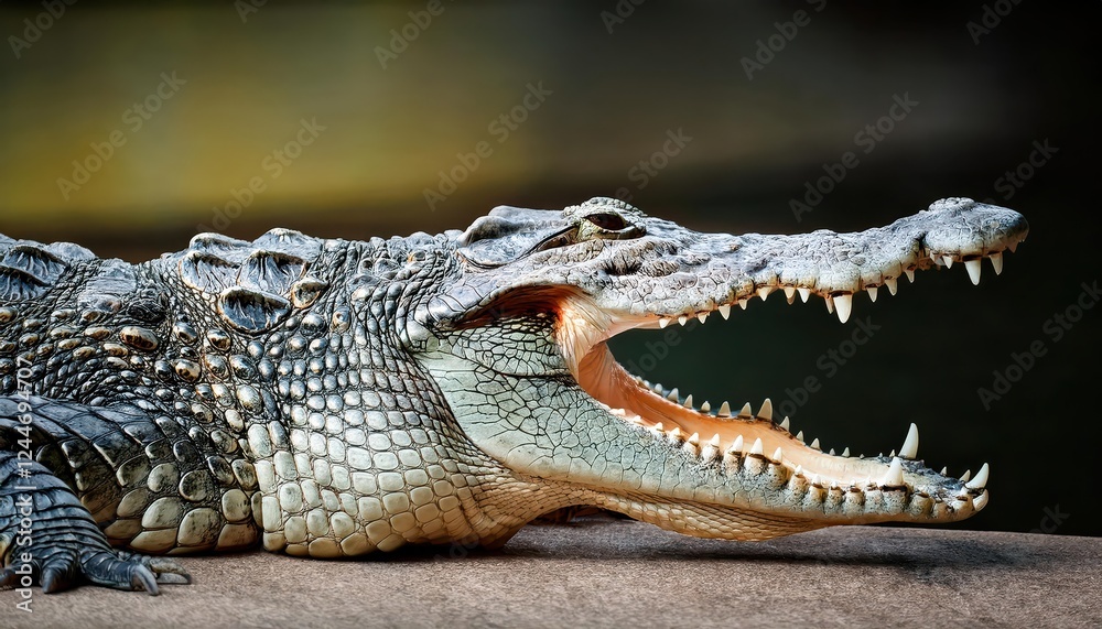 Fototapeta premium Ferocious Muggar Crocodile Baring Teeth in Swampy Wetland Underneath a StormSwept Sky, Displaying Power and Majesty