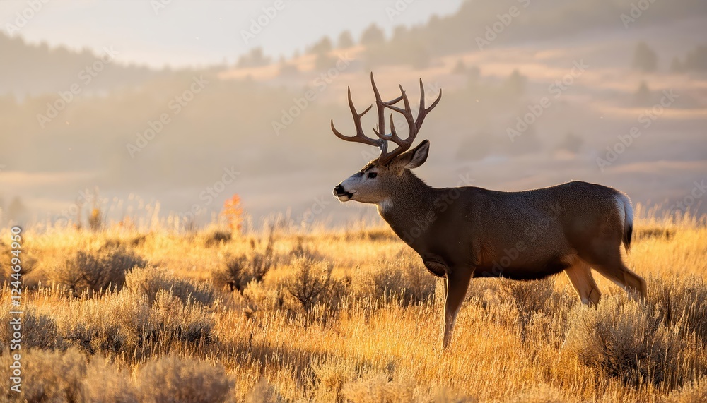 Vigorous Mule Deer Buck Amid Late Autumns Glory Majestic Stag in Rut Against Wyomings Picturesque Landscape, Showcasing Gilded Leaves, Rugged Terrain and the Chill of Dying Daylight. Vigorous Mule Deer Buck Amid Late Autumns Glory Majestic Stag in Rut Against Wyomings Picturesque Landscape, Showcasing Gilded Leaves, Rugged Terrain and the Chill of Dying Daylight.