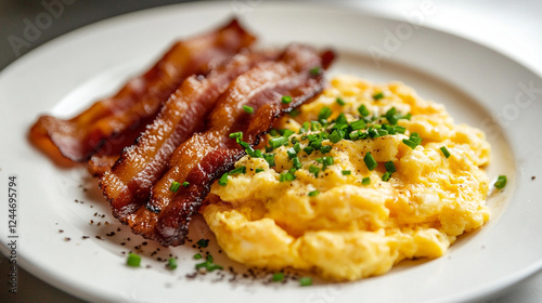 Delicious breakfast plate featuring crispy bacon strips paired with fluffy scrambled eggs, garnished with fresh herbs, served on a classic ceramic dish