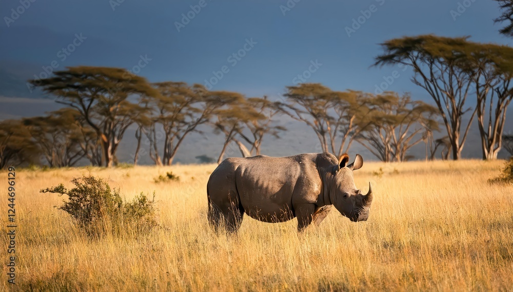 Striking Encounter with a Black Rhino in Nakuru National Park Majestic Diceros bicornis Basking in the Early Morning Light Against the Backdrop of the African Savannah Striking Encounter with a Black Rhino in Nakuru National Park Majestic Diceros bicornis Basking in the Early Morning Light Against the Backdrop of the African Savannah